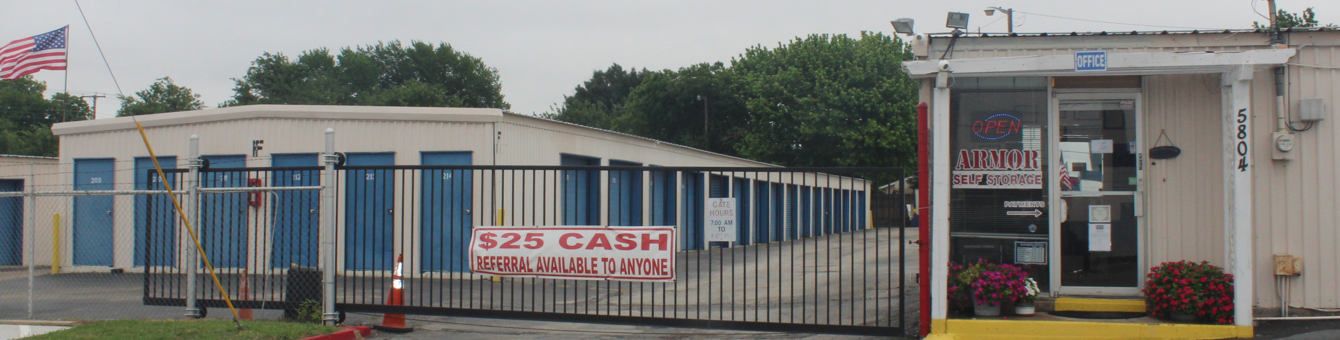 Storage facility office next to the secure gated entrance